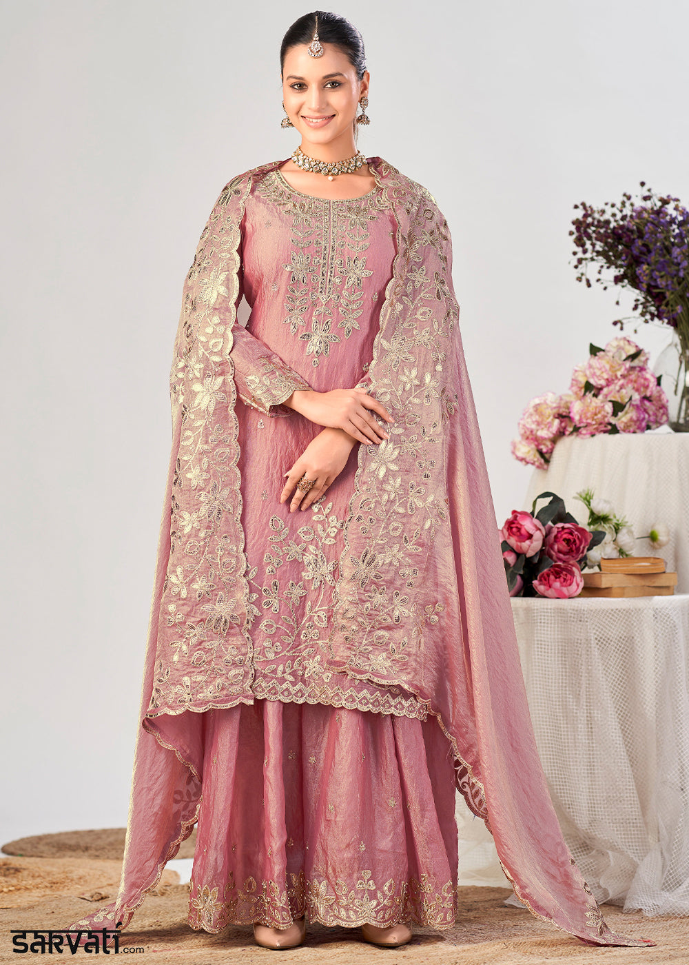 Rose Pink Silk Palazzo Suit Set with Gota & Zarkan Work