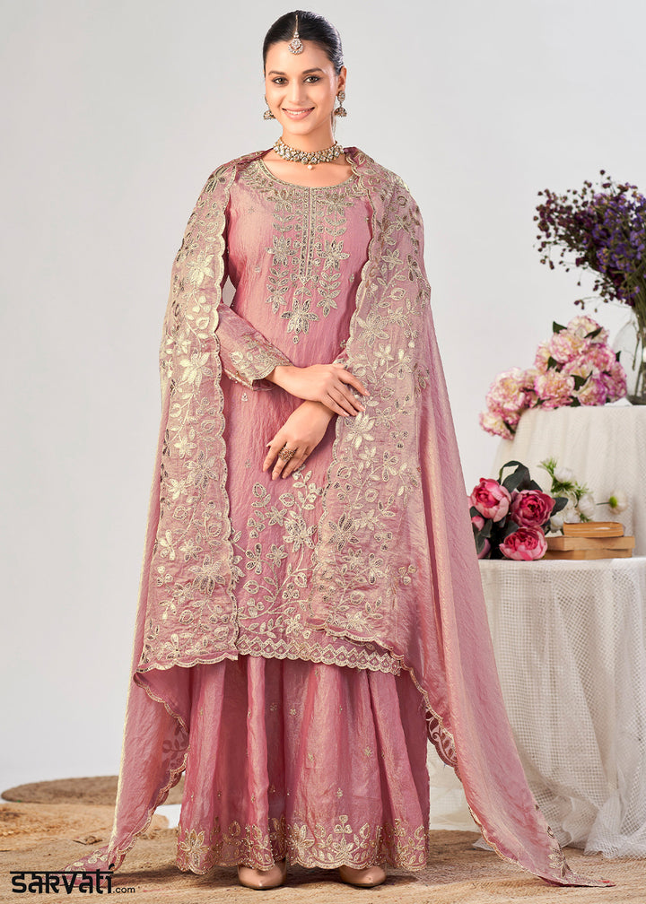 Rose Pink Silk Palazzo Suit Set with Gota & Zarkan Work