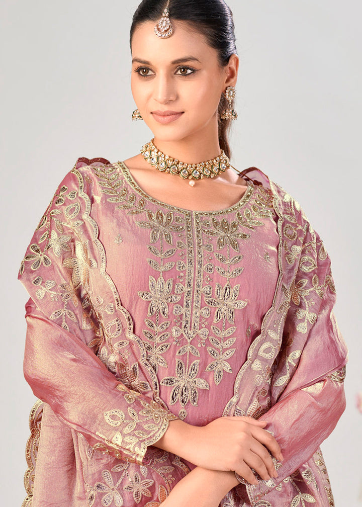Rose Pink Silk Palazzo Suit Set with Gota & Zarkan Work