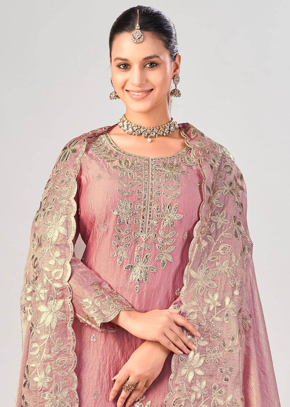 Rose Pink Silk Palazzo Suit Set with Gota & Zarkan Work