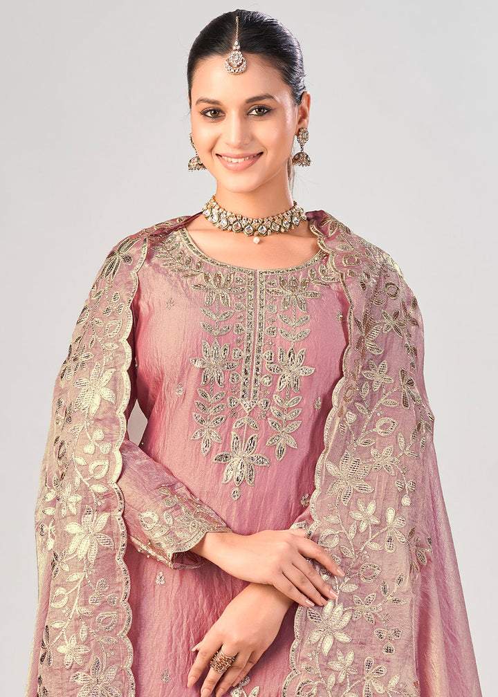 Rose Pink Silk Palazzo Suit Set with Gota & Zarkan Work