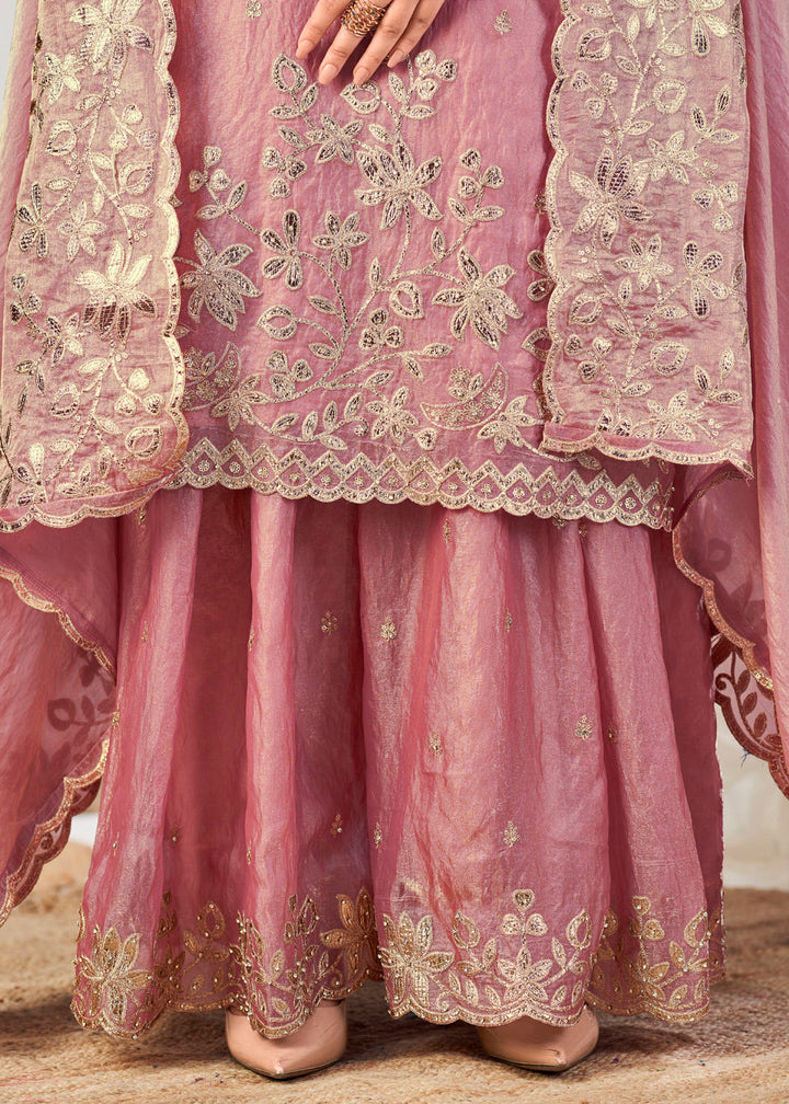 Rose Pink Silk Palazzo Suit Set with Gota & Zarkan Work