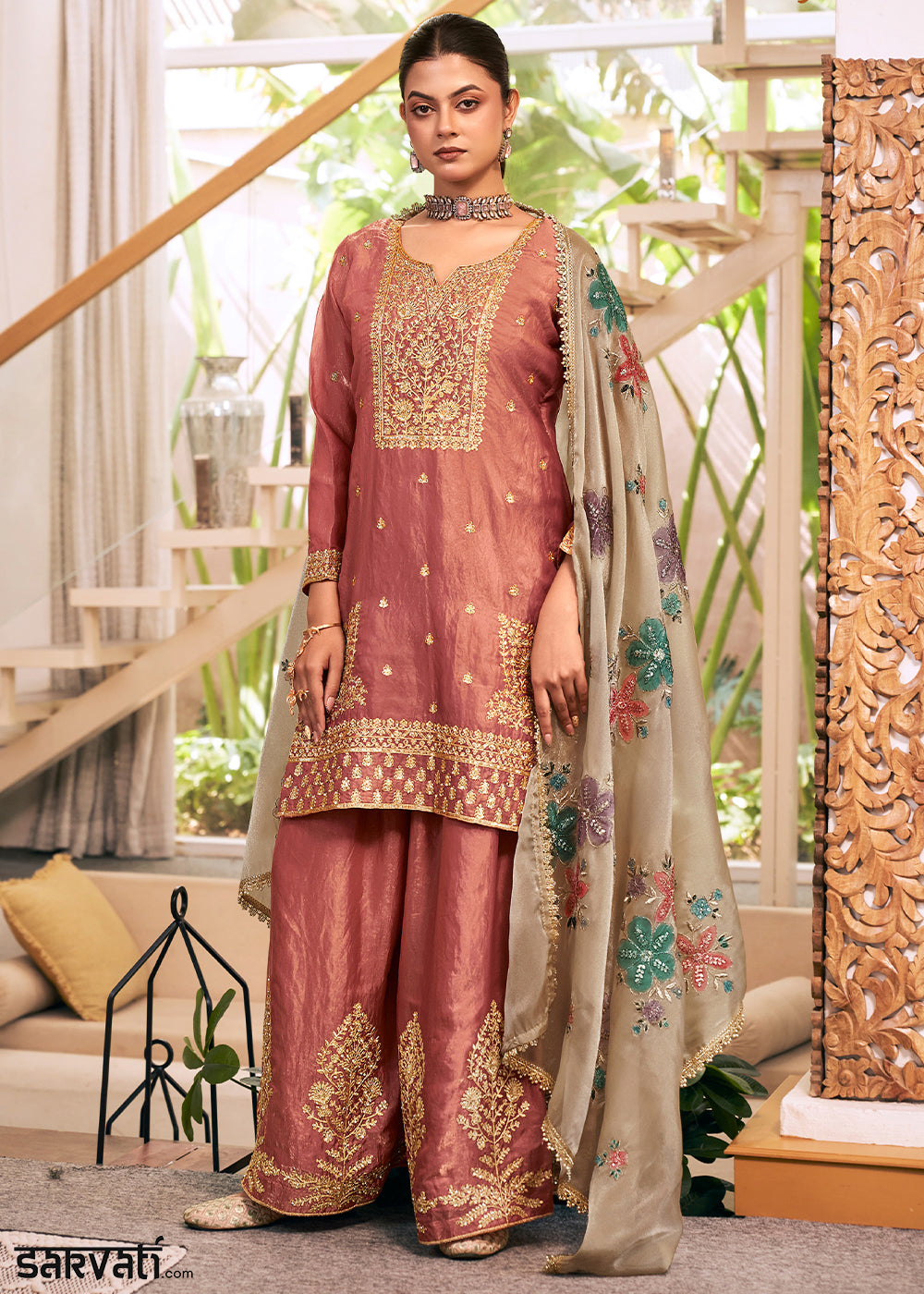 Dusty Coral Brown Silk Palazzo Suit Set with Heavy Embroidery & Zarkan Work