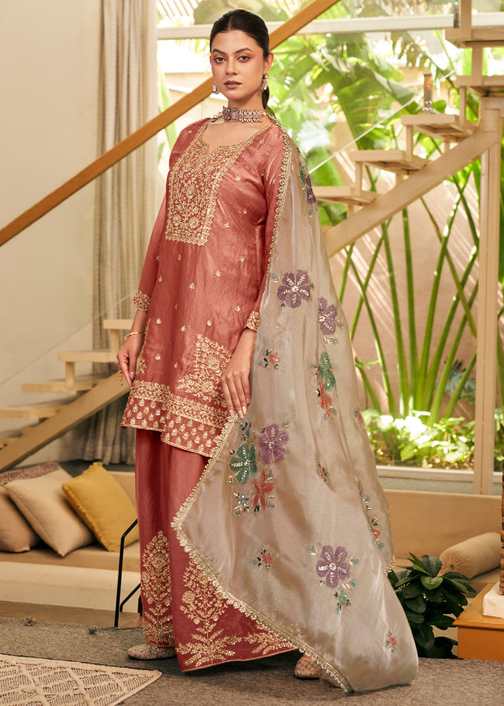 Dusty Coral Brown Silk Palazzo Suit Set with Heavy Embroidery & Zarkan Work