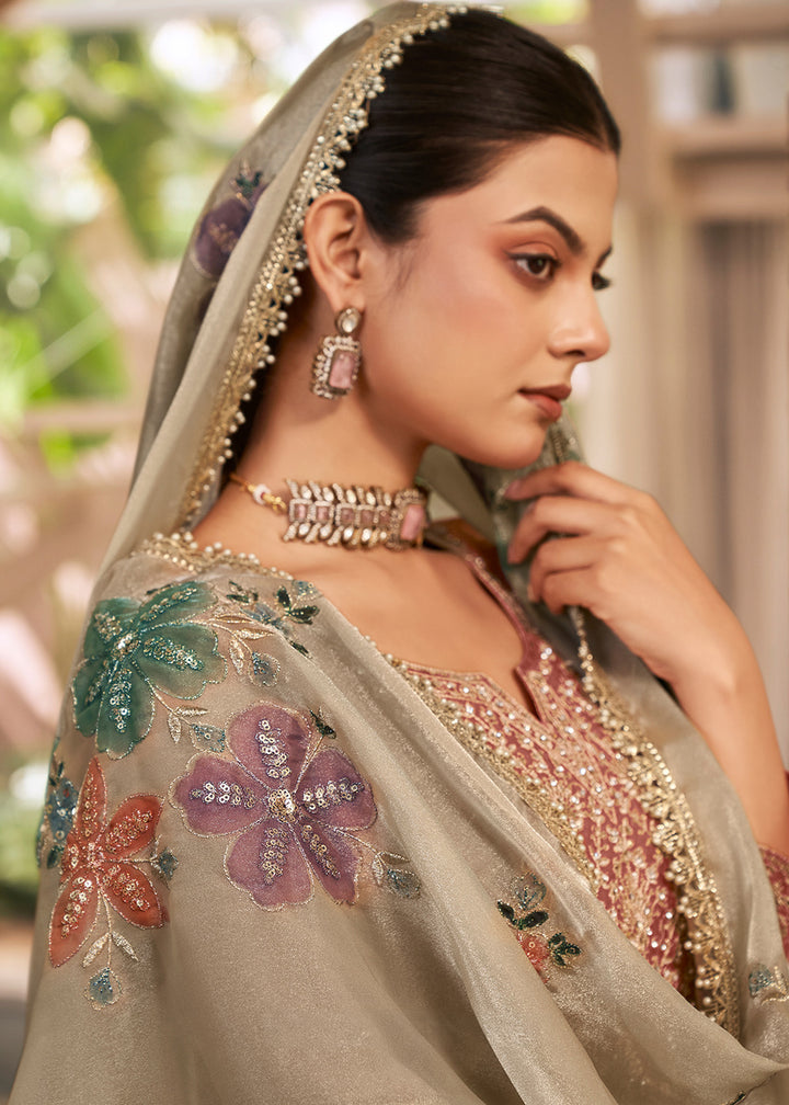 Dusty Coral Brown Silk Palazzo Suit Set with Heavy Embroidery & Zarkan Work