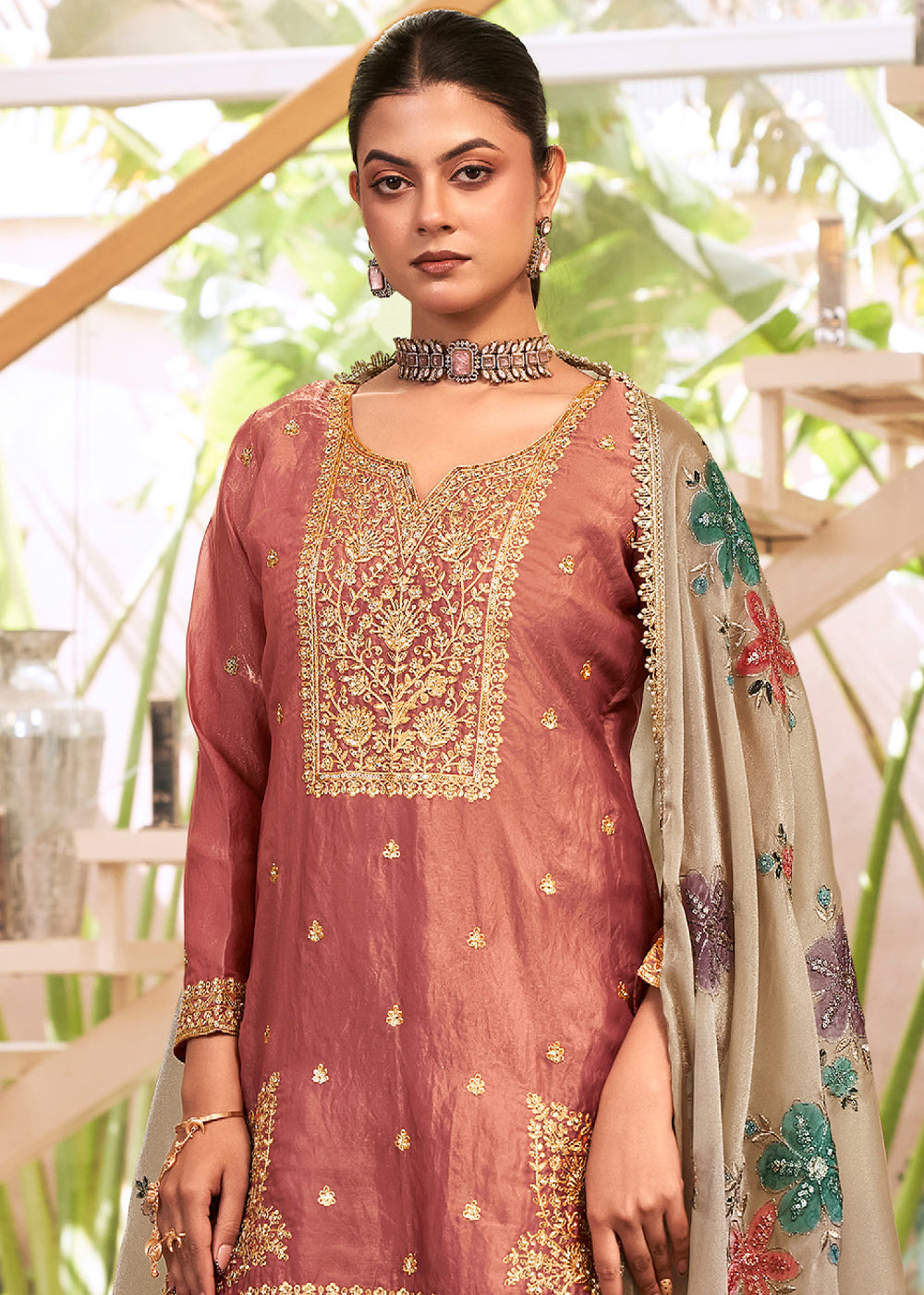Dusty Coral Brown Silk Palazzo Suit Set with Heavy Embroidery & Zarkan Work