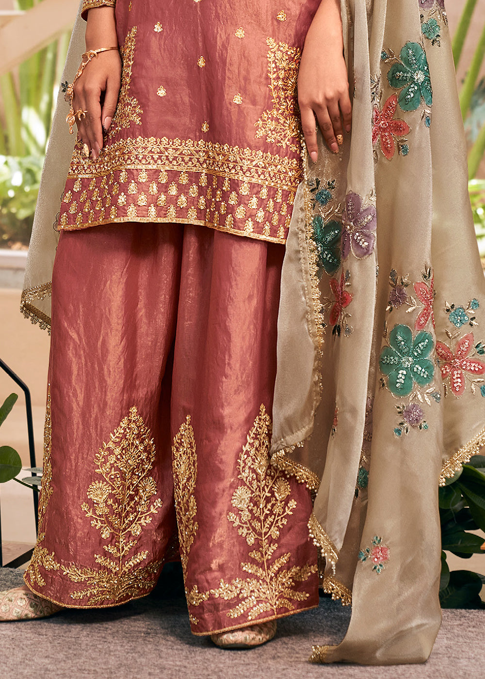 Dusty Coral Brown Silk Palazzo Suit Set with Heavy Embroidery & Zarkan Work