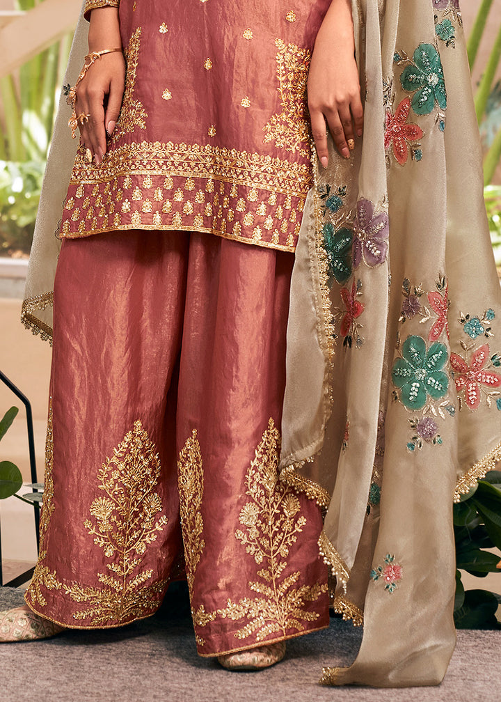 Dusty Coral Brown Silk Palazzo Suit Set with Heavy Embroidery & Zarkan Work