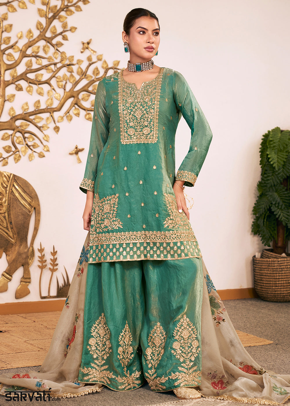 Persian Green Silk Palazzo Suit Set with Heavy Embroidery & Zarkan Work