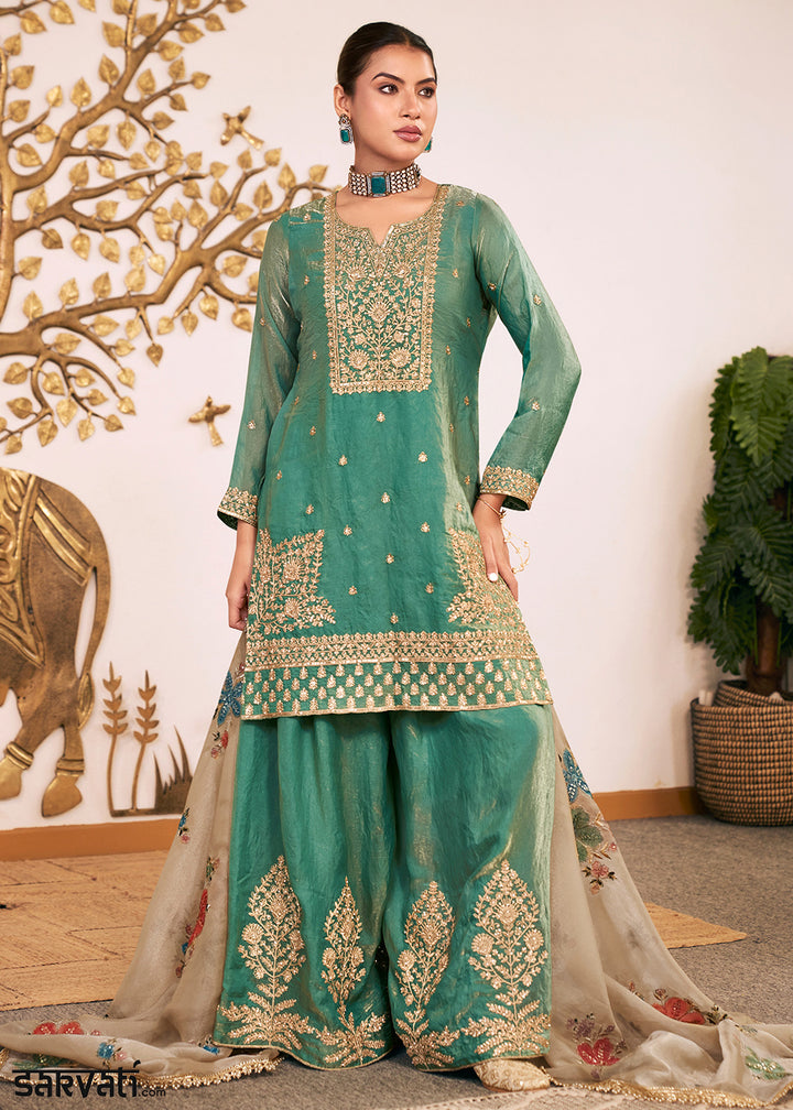 Persian Green Silk Palazzo Suit Set with Heavy Embroidery & Zarkan Work