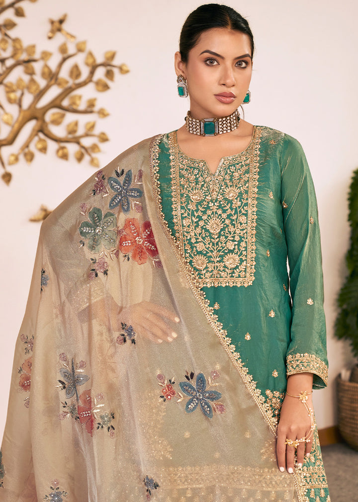 Persian Green Silk Palazzo Suit Set with Heavy Embroidery & Zarkan Work