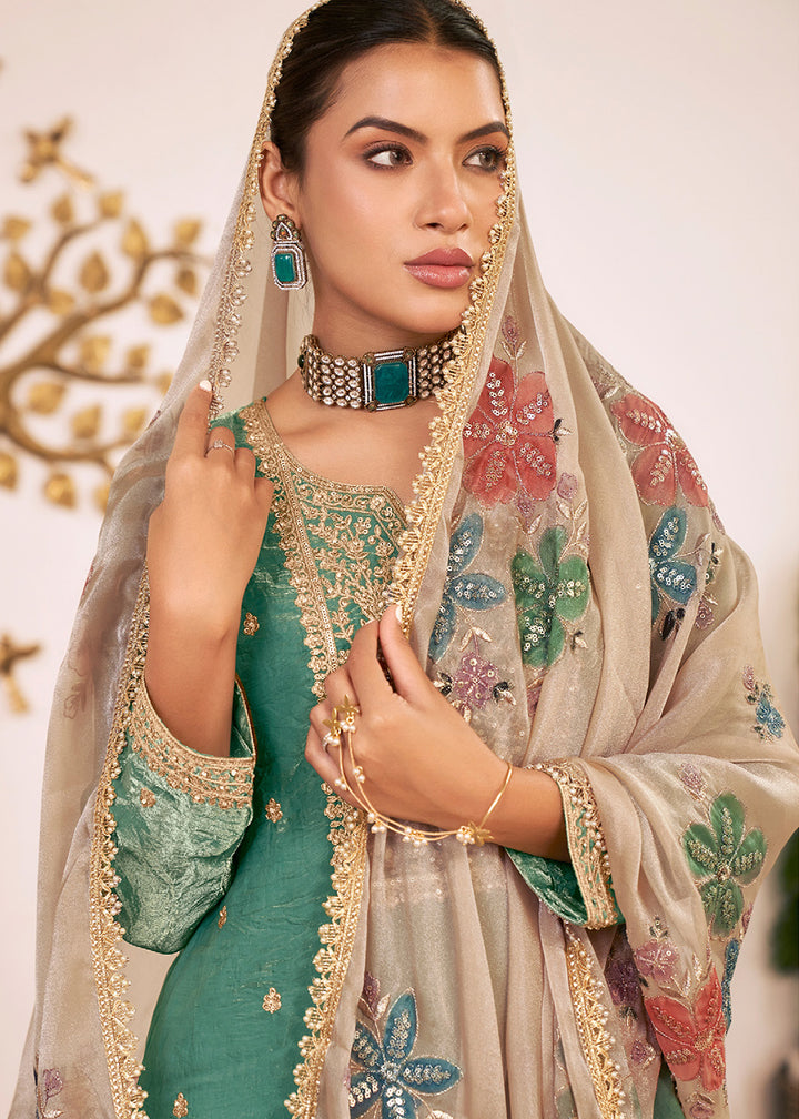 Persian Green Silk Palazzo Suit Set with Heavy Embroidery & Zarkan Work
