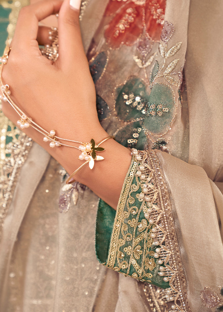 Persian Green Silk Palazzo Suit Set with Heavy Embroidery & Zarkan Work