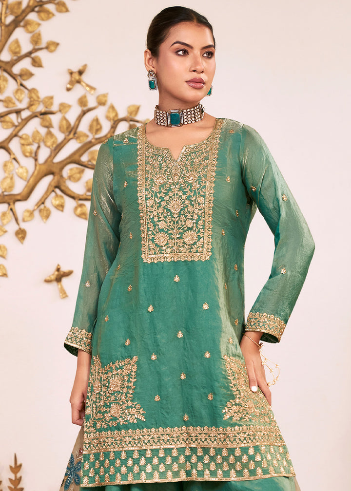 Persian Green Silk Palazzo Suit Set with Heavy Embroidery & Zarkan Work