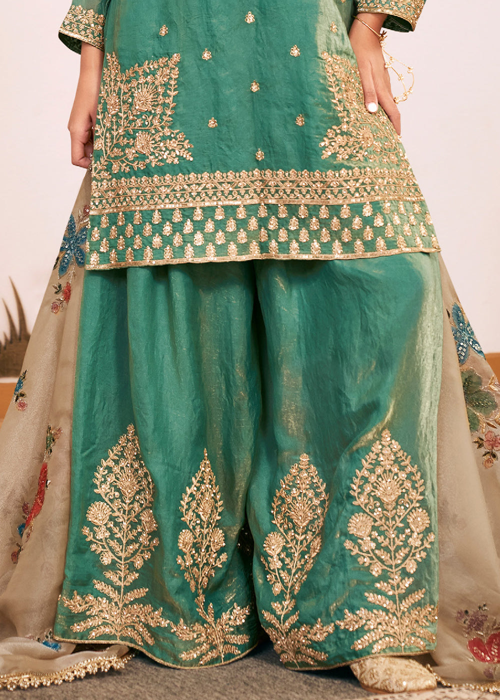 Persian Green Silk Palazzo Suit Set with Heavy Embroidery & Zarkan Work