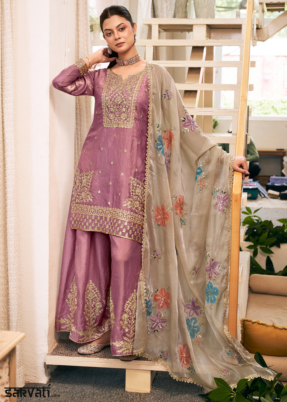Mauve Purple Silk Palazzo Suit Set with Heavy Embroidery & Zarkan Work