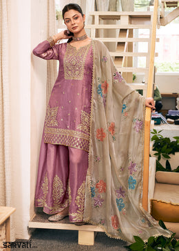 Mauve Purple Silk Palazzo Suit Set with Heavy Embroidery & Zarkan Work