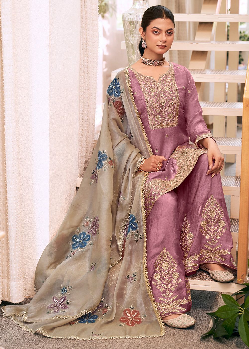 Mauve Purple Silk Palazzo Suit Set with Heavy Embroidery & Zarkan Work