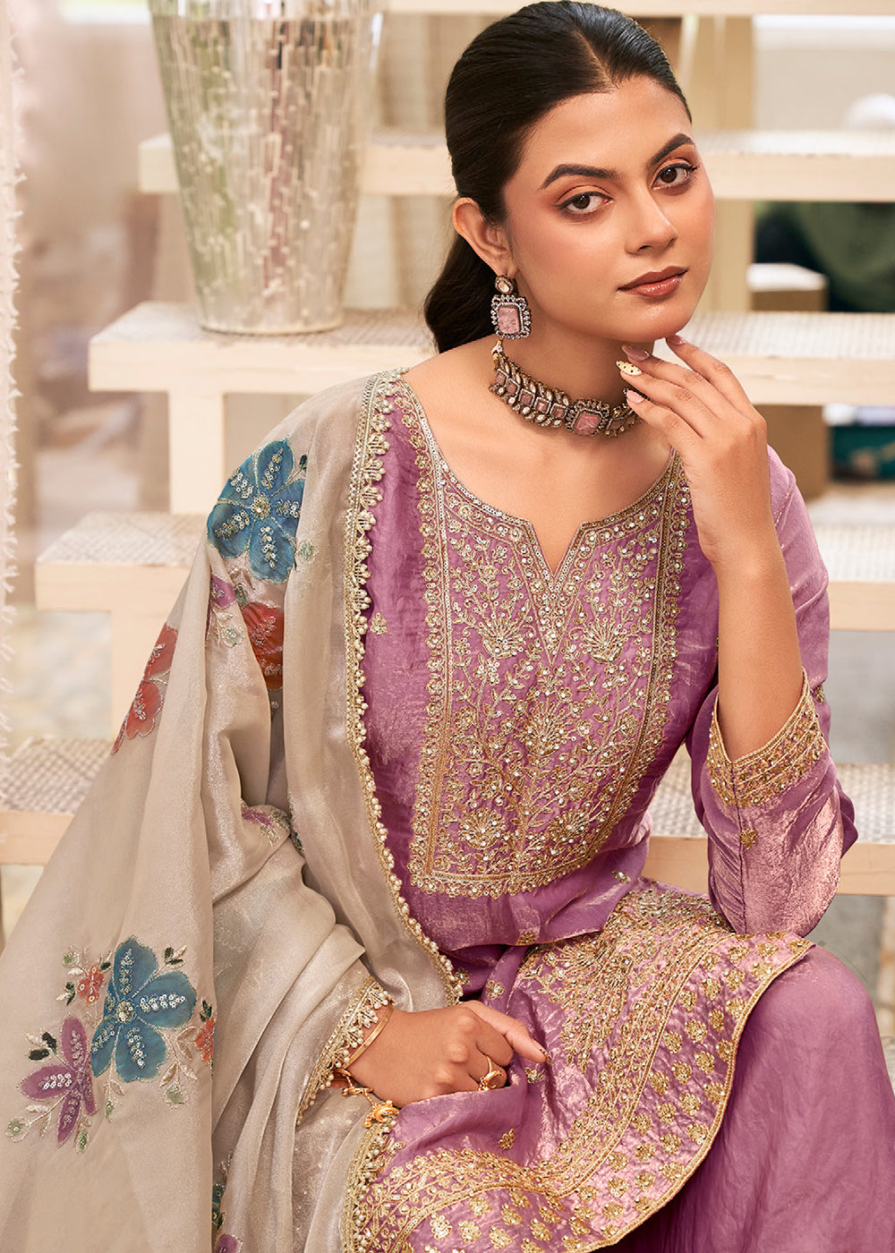 Mauve Purple Silk Palazzo Suit Set with Heavy Embroidery & Zarkan Work