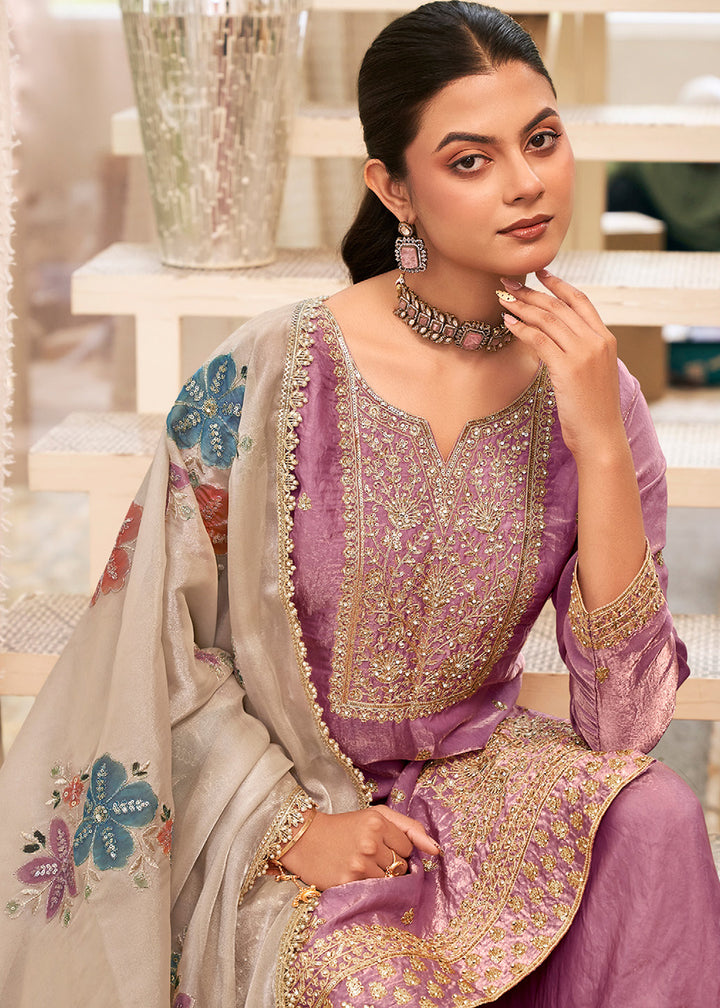 Mauve Purple Silk Palazzo Suit Set with Heavy Embroidery & Zarkan Work