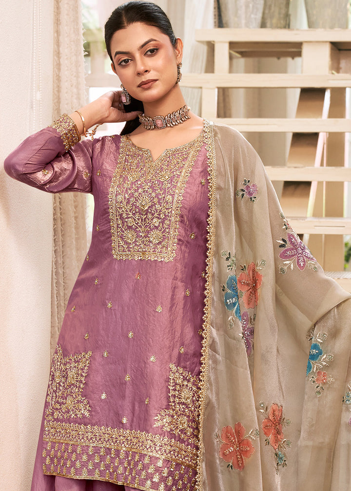 Mauve Purple Silk Palazzo Suit Set with Heavy Embroidery & Zarkan Work