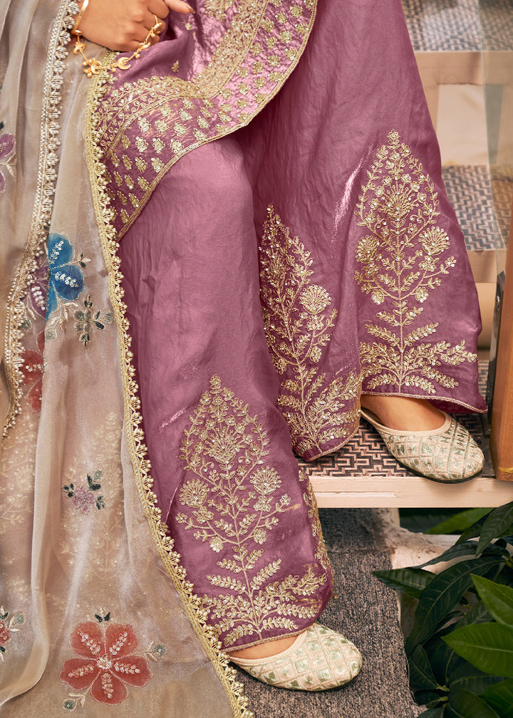Mauve Purple Silk Palazzo Suit Set with Heavy Embroidery & Zarkan Work