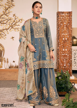 Steel Blue Silk Palazzo Suit Set with Heavy Embroidery & Zarkan Work
