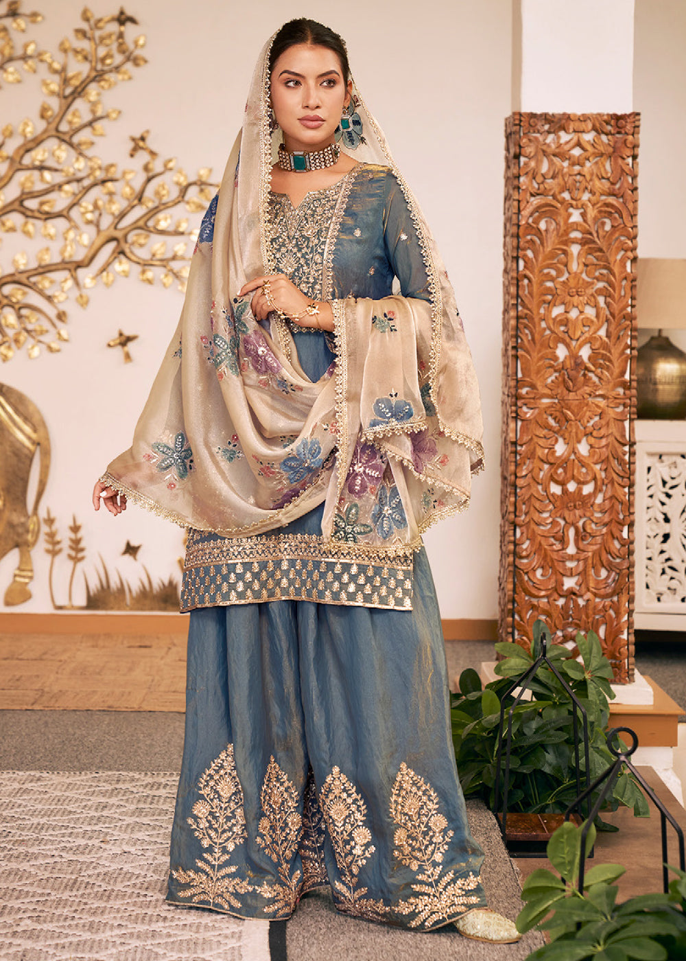 Steel Blue Silk Palazzo Suit Set with Heavy Embroidery & Zarkan Work