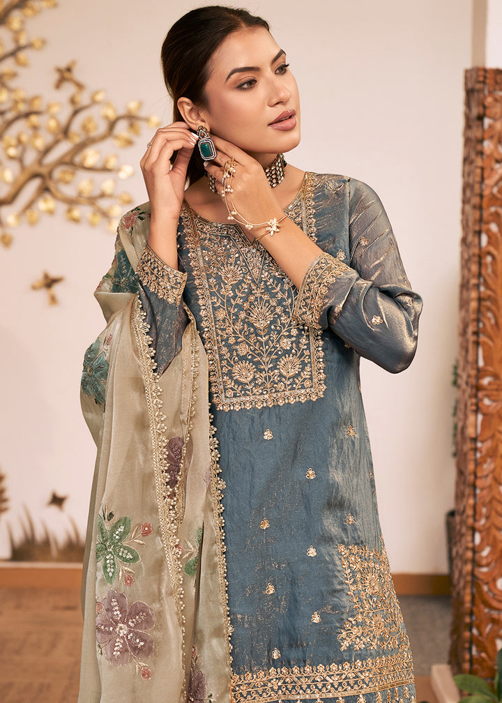 Steel Blue Silk Palazzo Suit Set with Heavy Embroidery & Zarkan Work