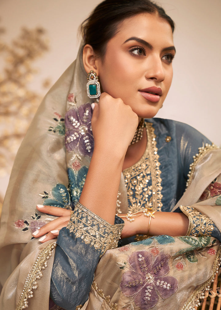 Steel Blue Silk Palazzo Suit Set with Heavy Embroidery & Zarkan Work