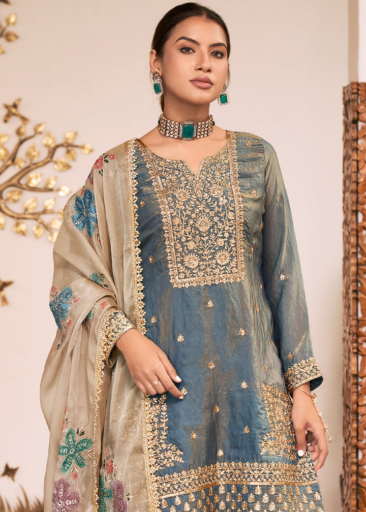 Steel Blue Silk Palazzo Suit Set with Heavy Embroidery & Zarkan Work