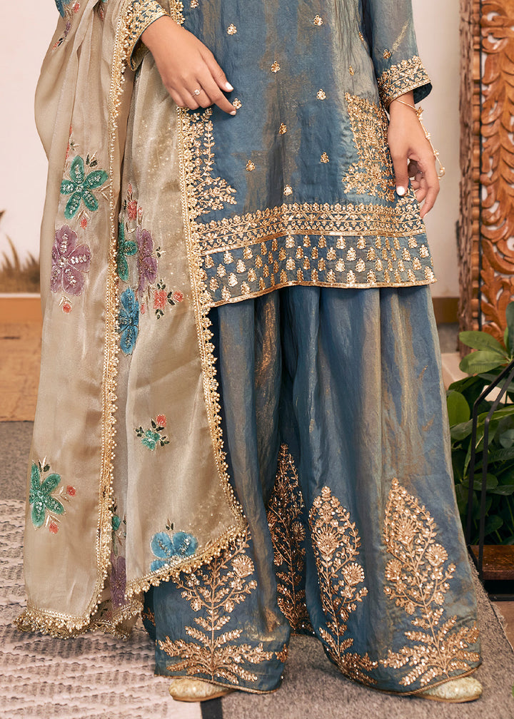 Steel Blue Silk Palazzo Suit Set with Heavy Embroidery & Zarkan Work