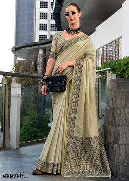 Greige Grey Tissue Linen Saree with Subtle Woven Border