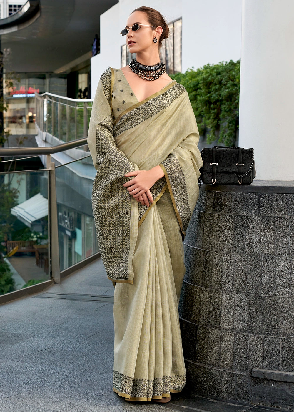 Greige Grey Tissue Linen Saree with Subtle Woven Border