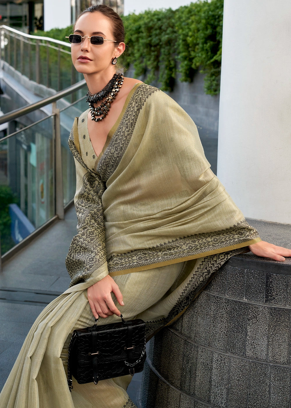 Greige Grey Tissue Linen Saree with Subtle Woven Border