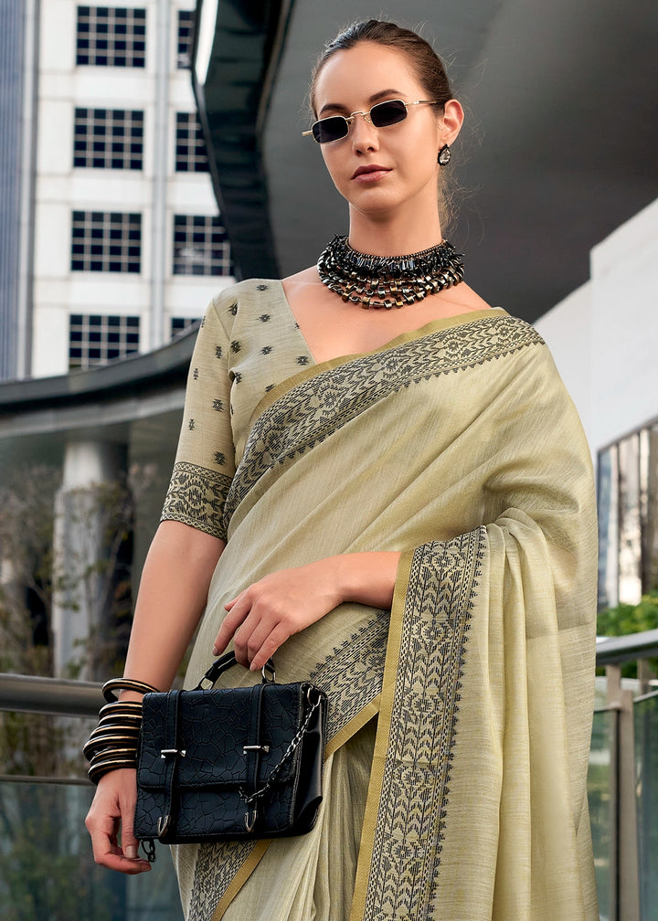 Greige Grey Tissue Linen Saree with Subtle Woven Border