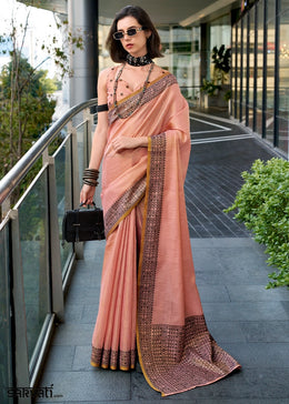 Melon Pink Tissue Linen Saree with Subtle Woven Border