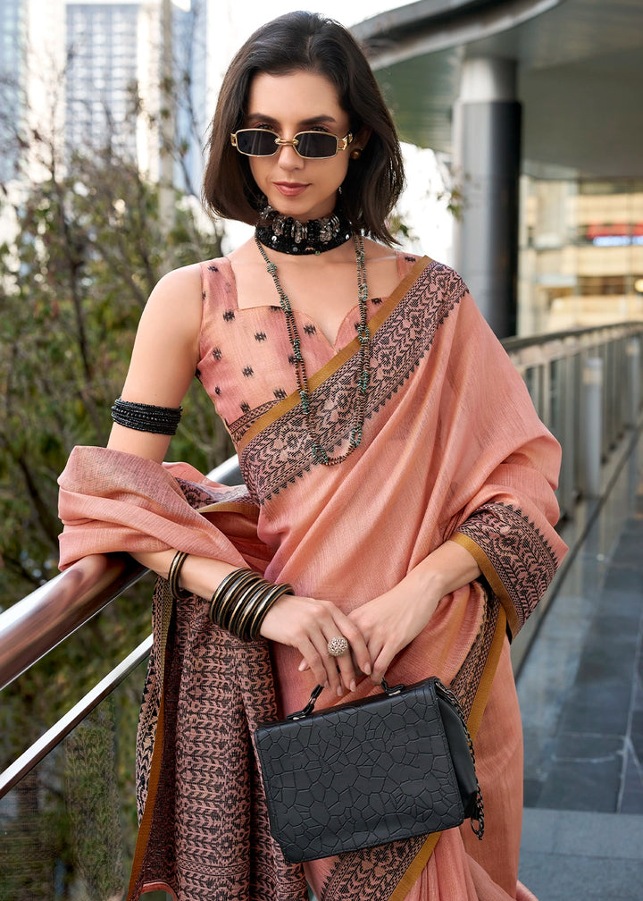 Melon Pink Tissue Linen Saree with Subtle Woven Border