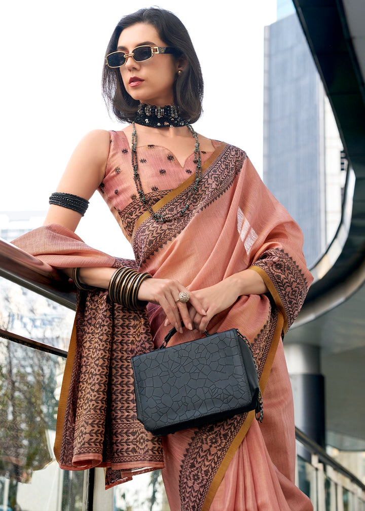 Melon Pink Tissue Linen Saree with Subtle Woven Border