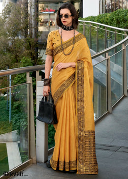 Mustard Yellow Tissue Linen Saree with Subtle Woven Border