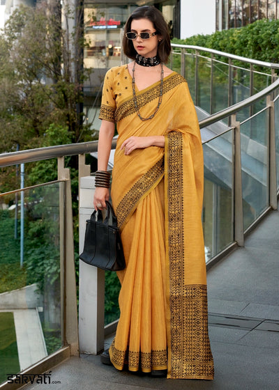Mustard Yellow Tissue Linen Saree with Subtle Woven Border