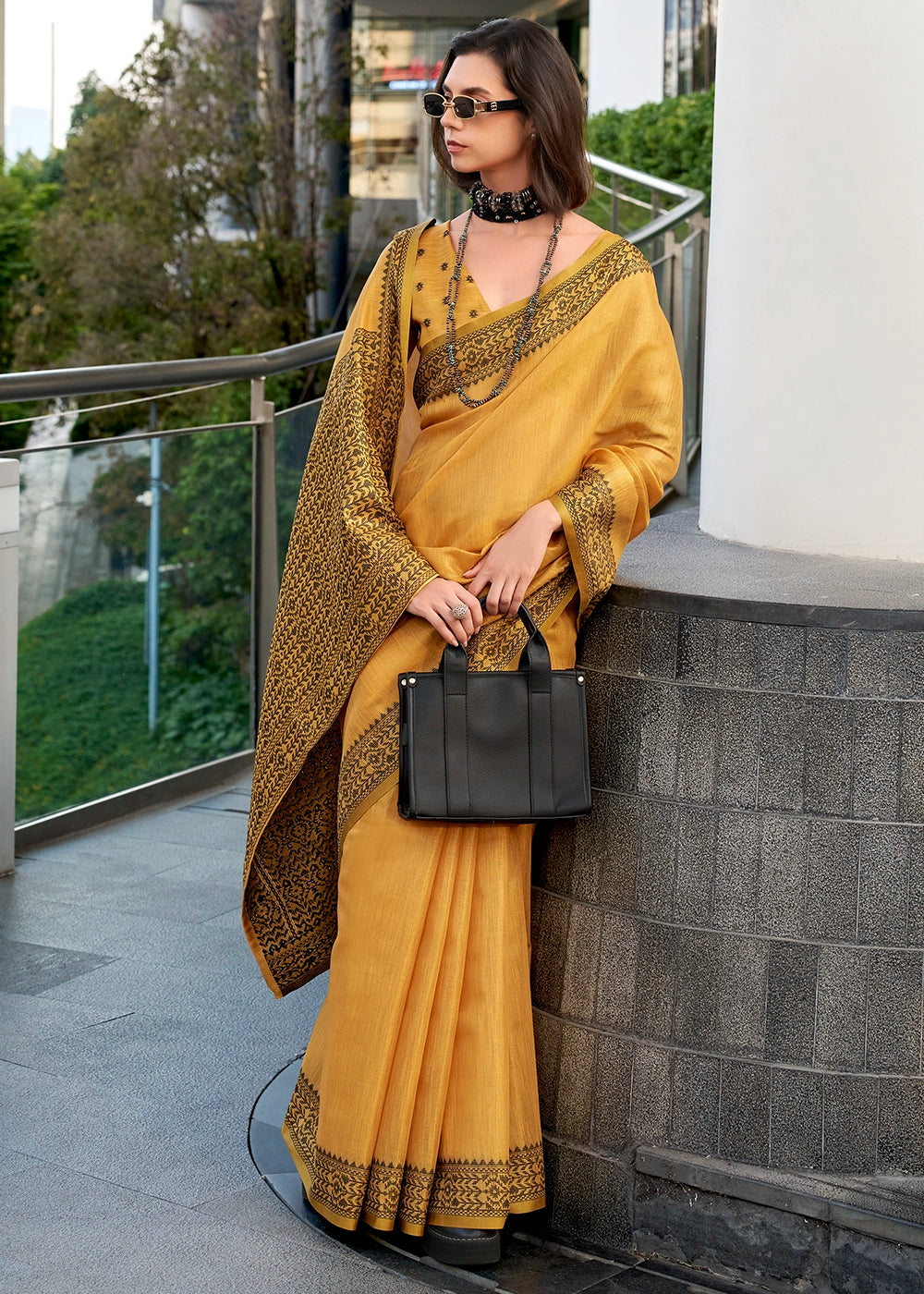 Mustard Yellow Tissue Linen Saree with Subtle Woven Border