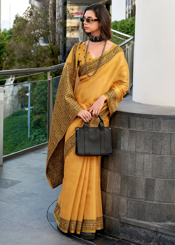 Mustard Yellow Tissue Linen Saree with Subtle Woven Border