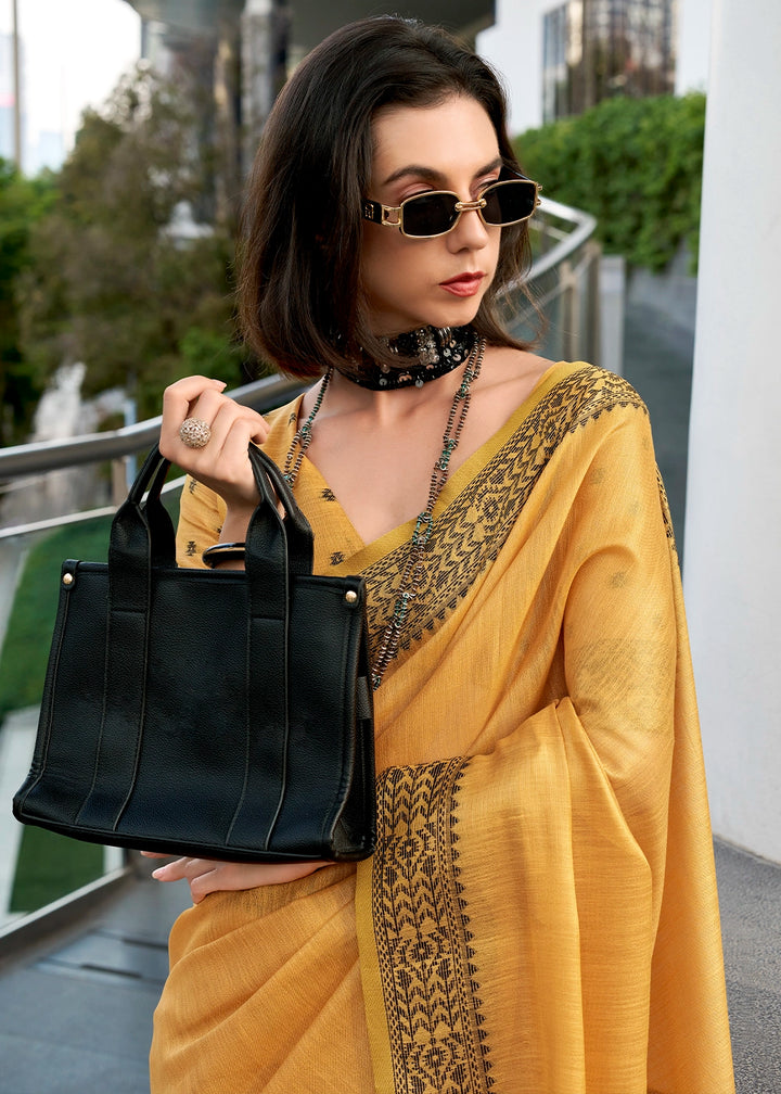 Mustard Yellow Tissue Linen Saree with Subtle Woven Border