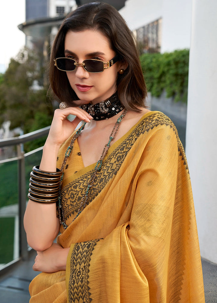 Mustard Yellow Tissue Linen Saree with Subtle Woven Border