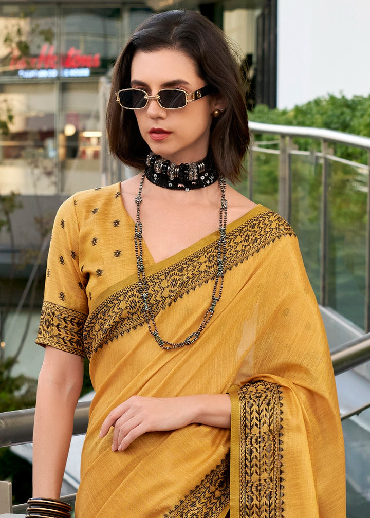 Mustard Yellow Tissue Linen Saree with Subtle Woven Border