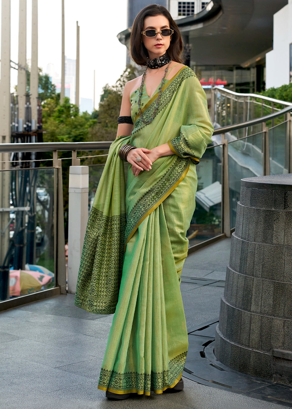 Cool Green Tissue Linen Saree with Subtle Woven Border