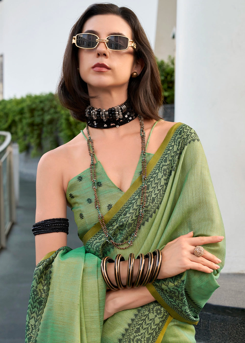 Cool Green Tissue Linen Saree with Subtle Woven Border