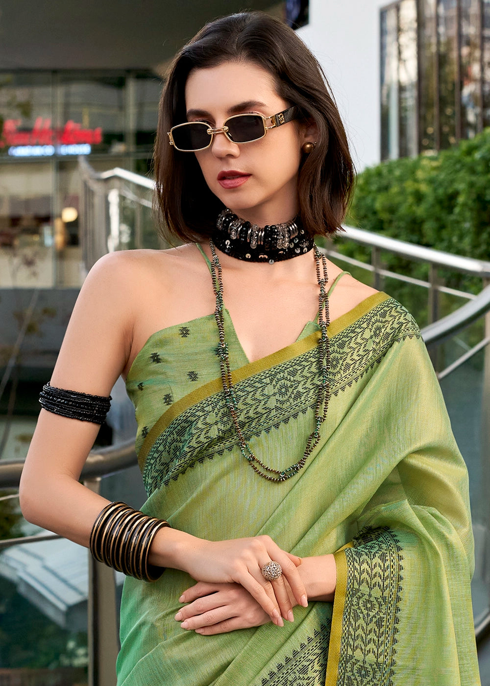 Cool Green Tissue Linen Saree with Subtle Woven Border