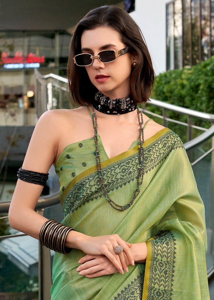 Cool Green Tissue Linen Saree with Subtle Woven Border